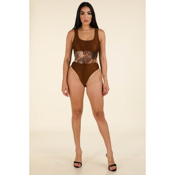 Boutique Tops - Women's Sleeveless PVC Contrast Bodysuit Zipper Back Brown S M L
